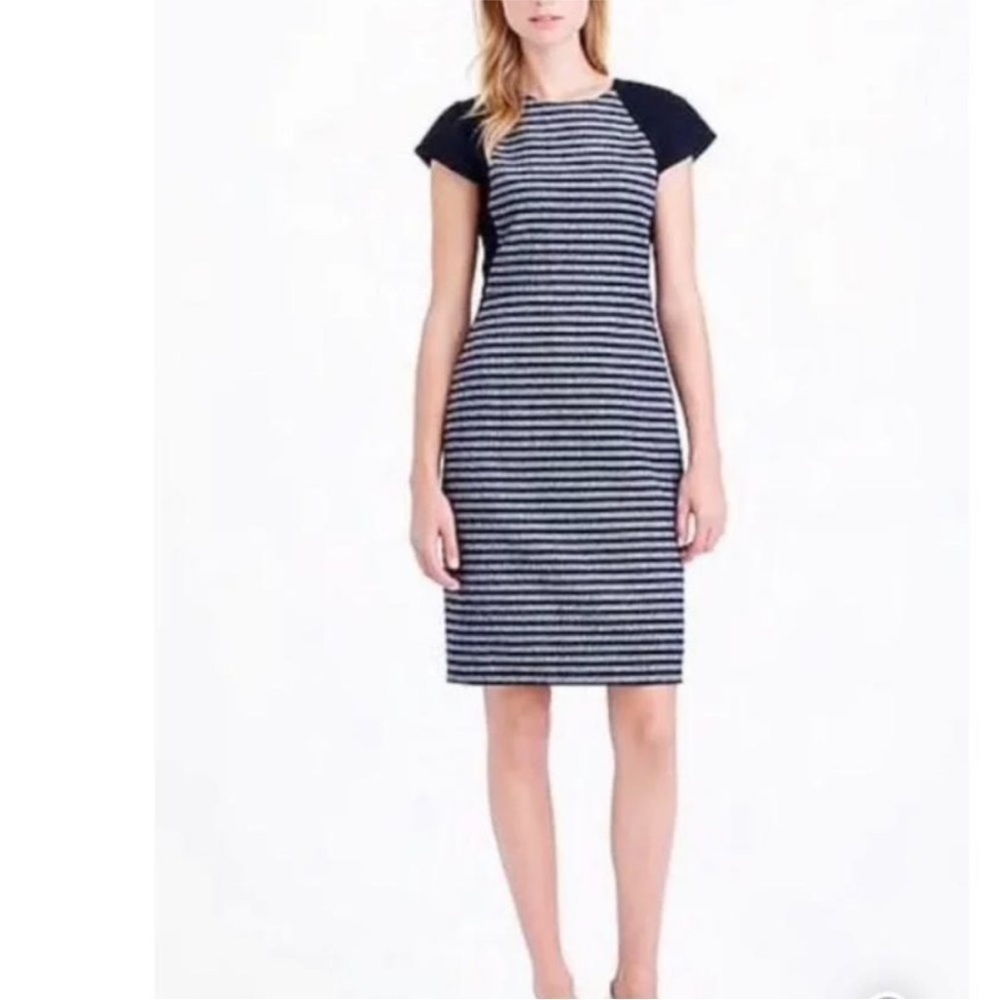 Jcrew Suiting Striped Wool Dress Navy Blue White Cap Sleeve Office Career Work